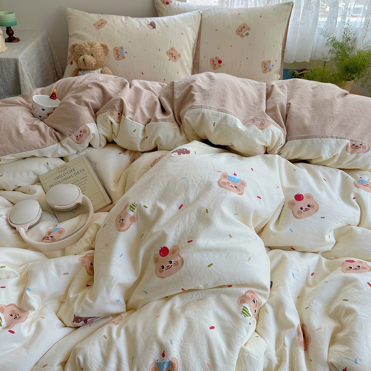 91家纺网 家纺一手货源 找家纺 沐芷 2026 【提供买家秀】A类软糯水洗棉四件套床上宿舍三件套床单被套 蛋糕熊熊