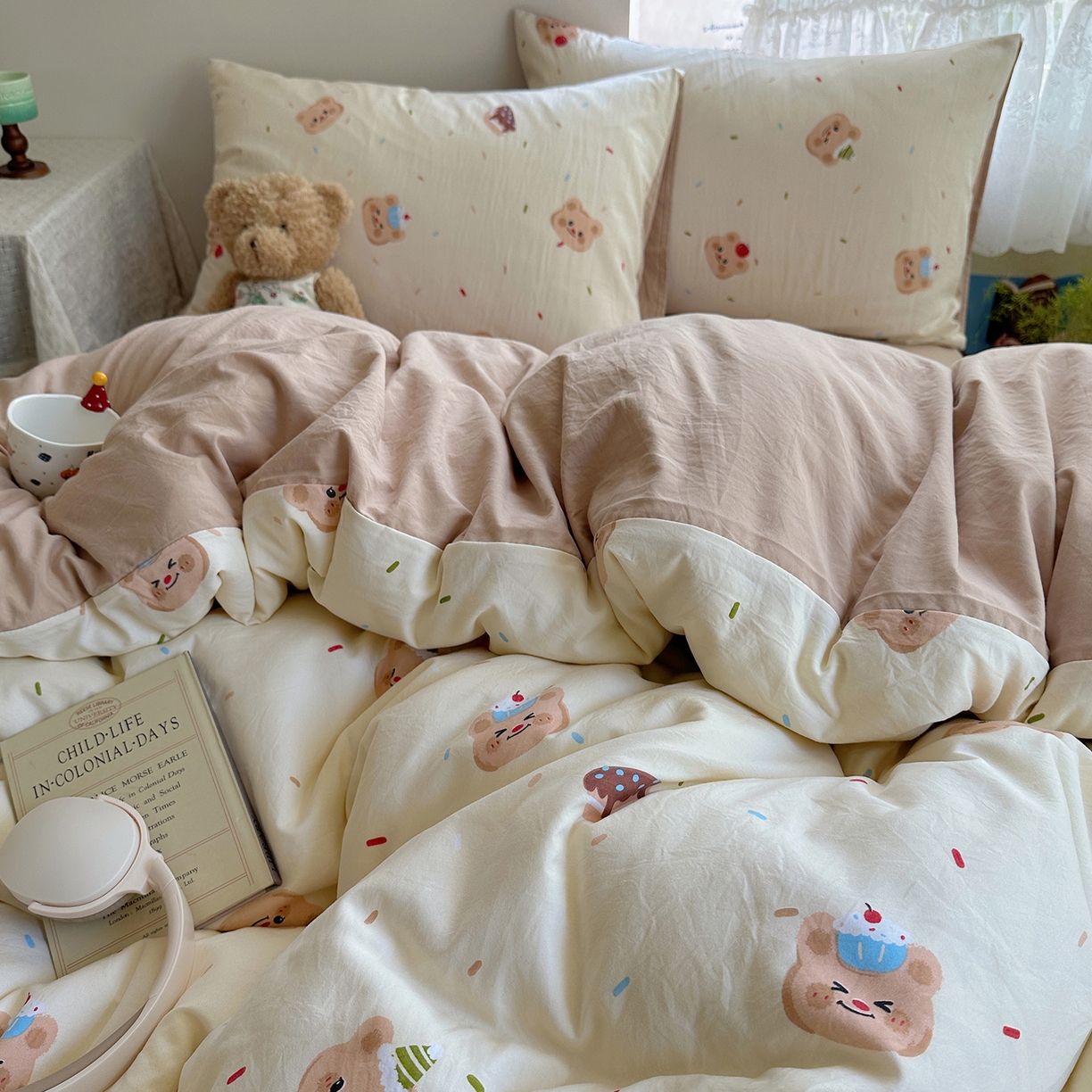 91家纺网 家纺一手货源 找家纺 沐芷 2026 【提供买家秀】A类软糯水洗棉四件套床上宿舍三件套床单被套 蛋糕熊熊