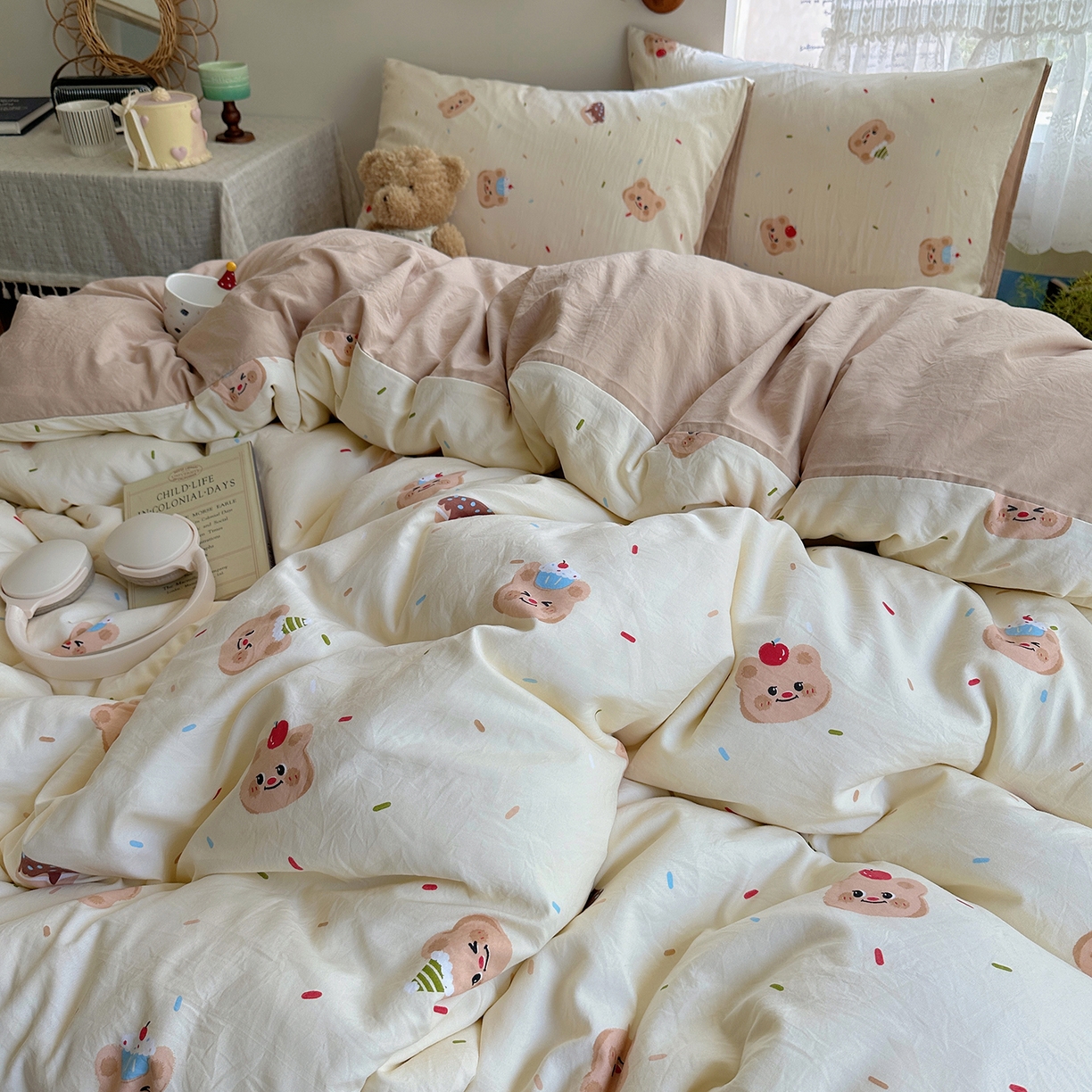 91家纺网 家纺一手货源 找家纺 沐芷 2026 【提供买家秀】A类软糯水洗棉四件套床上宿舍三件套床单被套 蛋糕熊熊