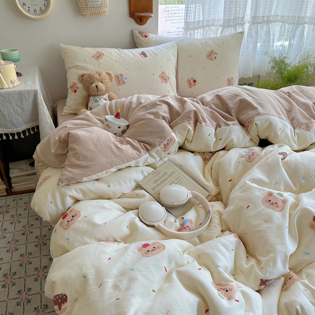 91家纺网 家纺一手货源 找家纺 沐芷 2026 【提供买家秀】A类软糯水洗棉四件套床上宿舍三件套床单被套 蛋糕熊熊