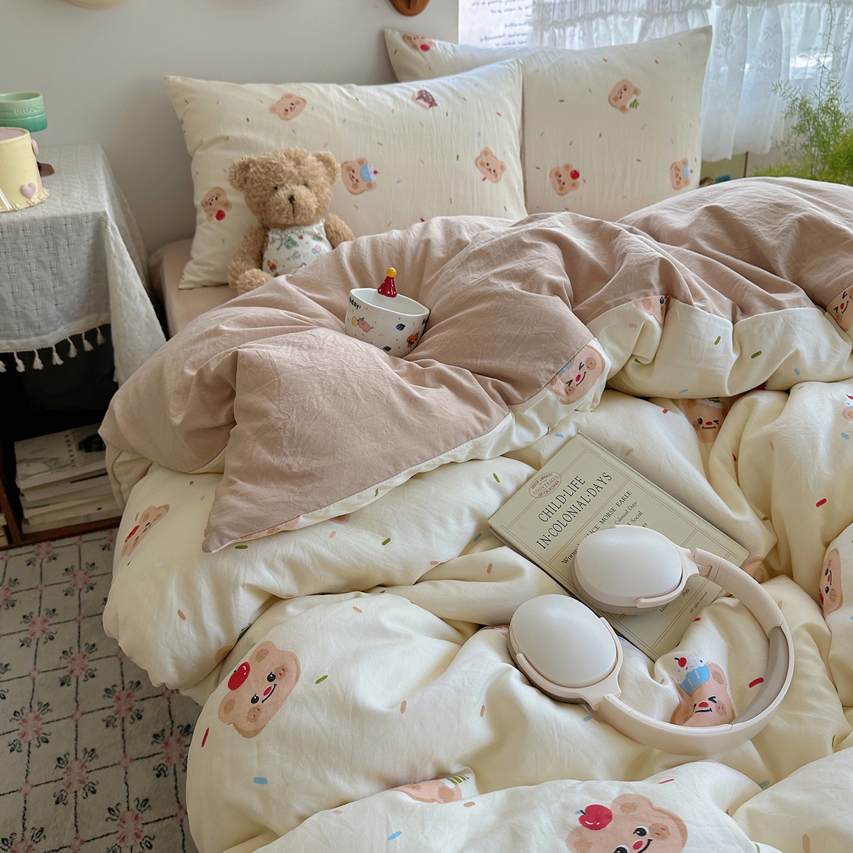 91家纺网 家纺一手货源 找家纺 沐芷 2026 【提供买家秀】A类软糯水洗棉四件套床上宿舍三件套床单被套 蛋糕熊熊