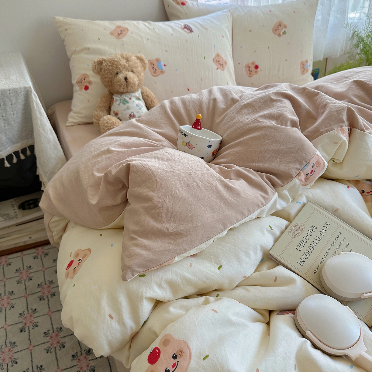 91家纺网 家纺一手货源 找家纺 沐芷 2026 【提供买家秀】A类软糯水洗棉四件套床上宿舍三件套床单被套 蛋糕熊熊