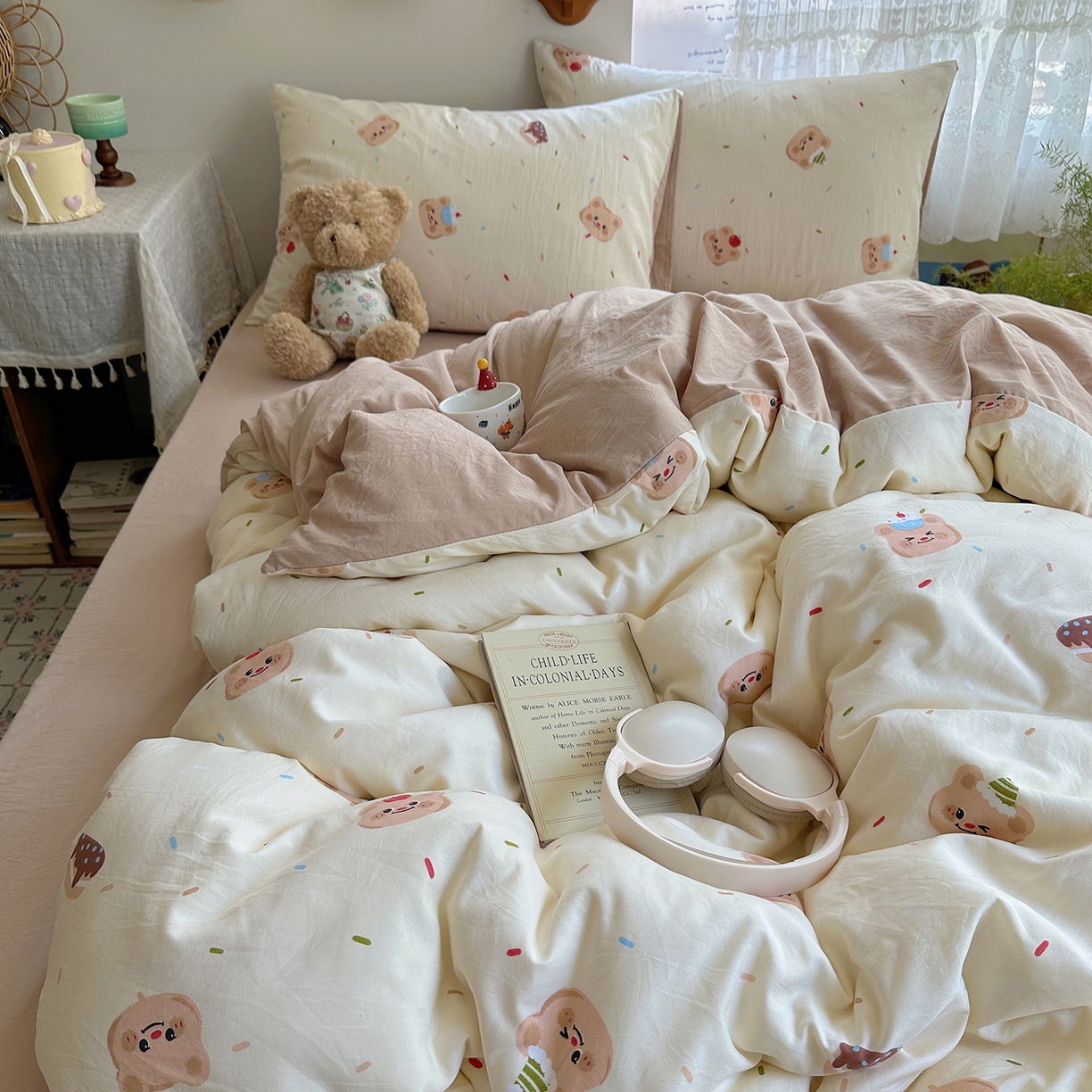 91家纺网 家纺一手货源 找家纺 沐芷 2026 【提供买家秀】A类软糯水洗棉四件套床上宿舍三件套床单被套 蛋糕熊熊