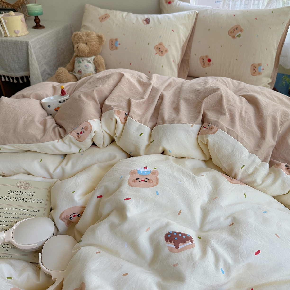 91家纺网 家纺一手货源 找家纺 沐芷 2026 【提供买家秀】A类软糯水洗棉四件套床上宿舍三件套床单被套 蛋糕熊熊