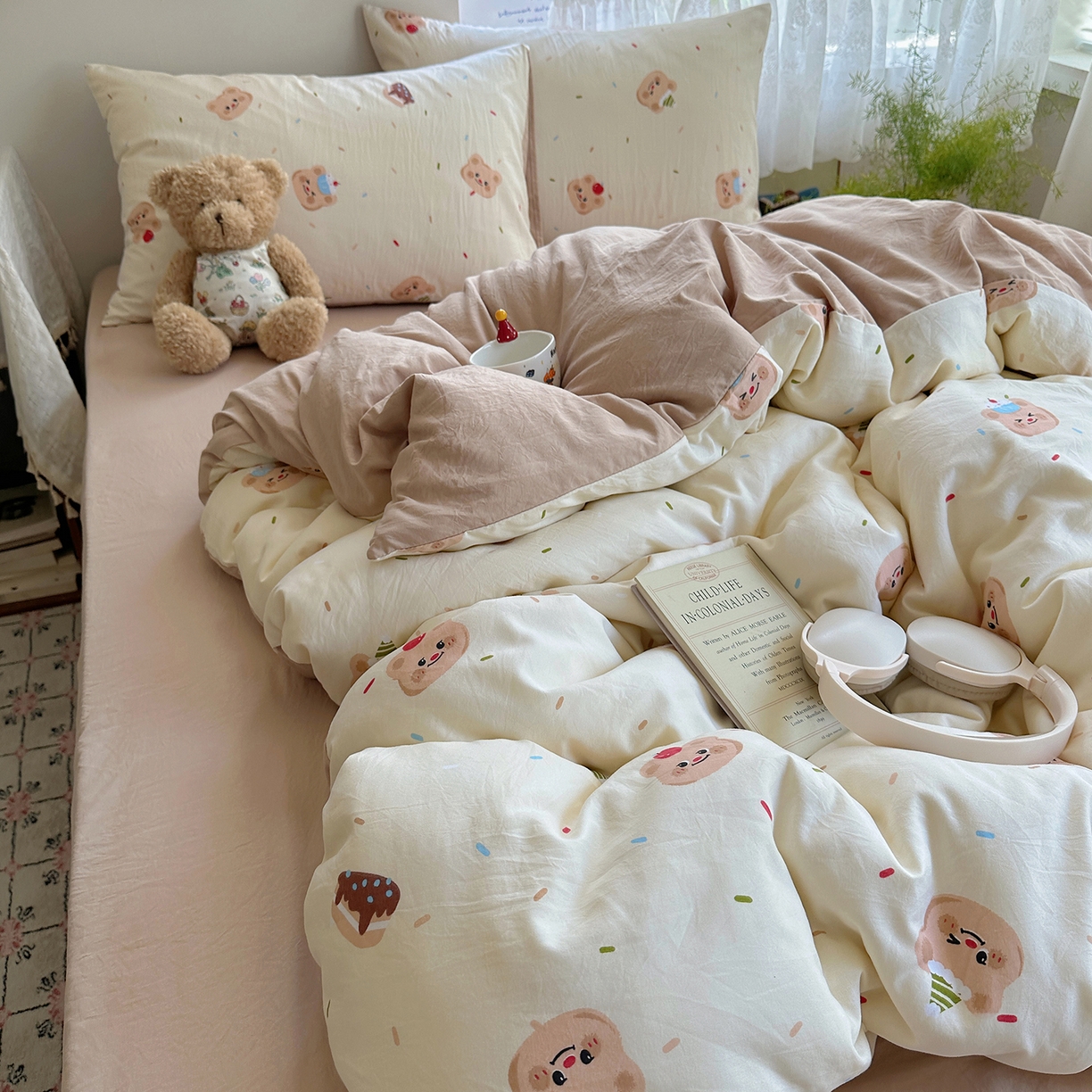 91家纺网 家纺一手货源 找家纺 沐芷 2026 【提供买家秀】A类软糯水洗棉四件套床上宿舍三件套床单被套 蛋糕熊熊