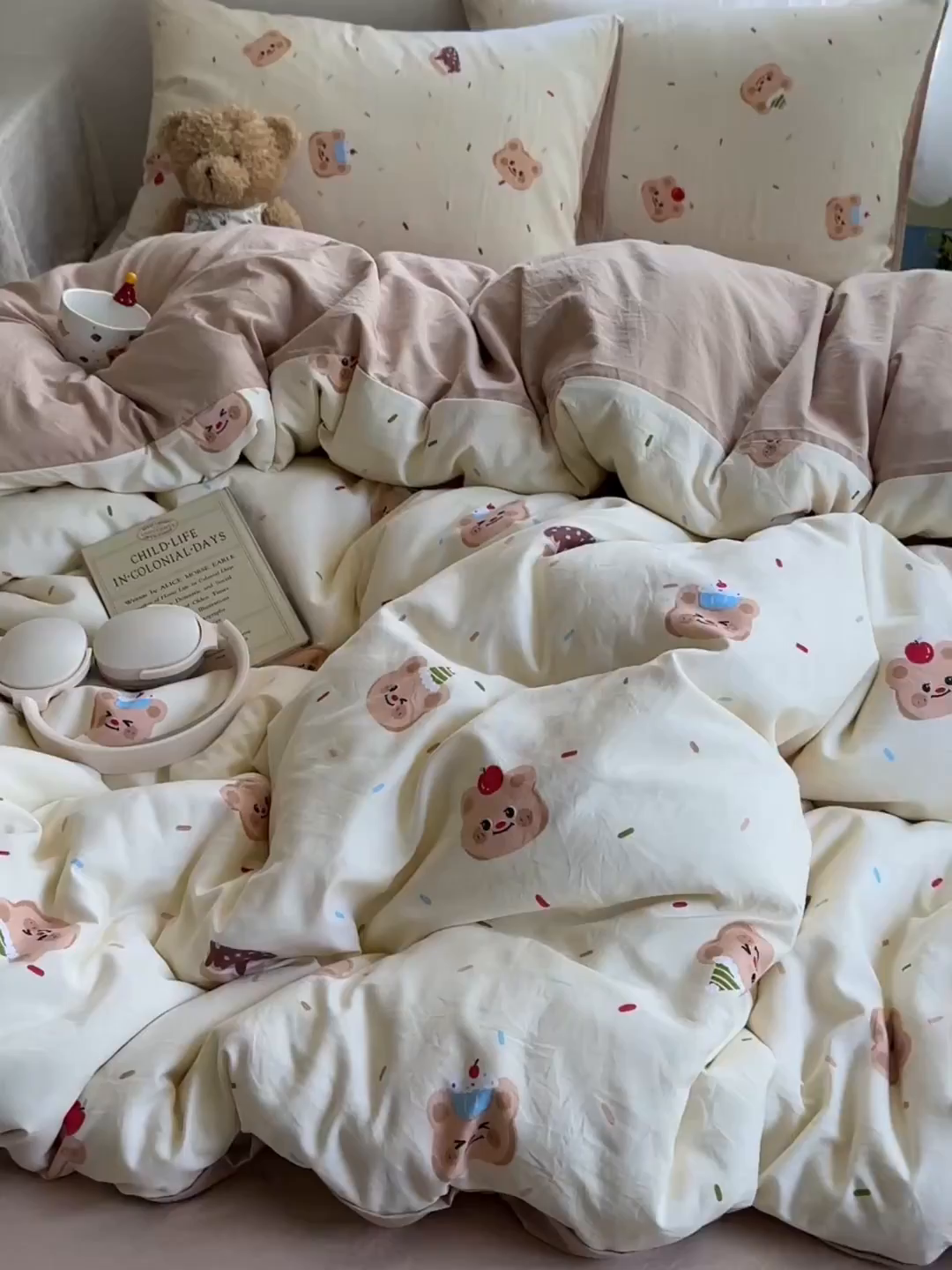 91家纺网 家纺一手货源 找家纺 沐芷 2026 【提供买家秀】A类软糯水洗棉四件套床上宿舍三件套床单被套 蛋糕熊熊