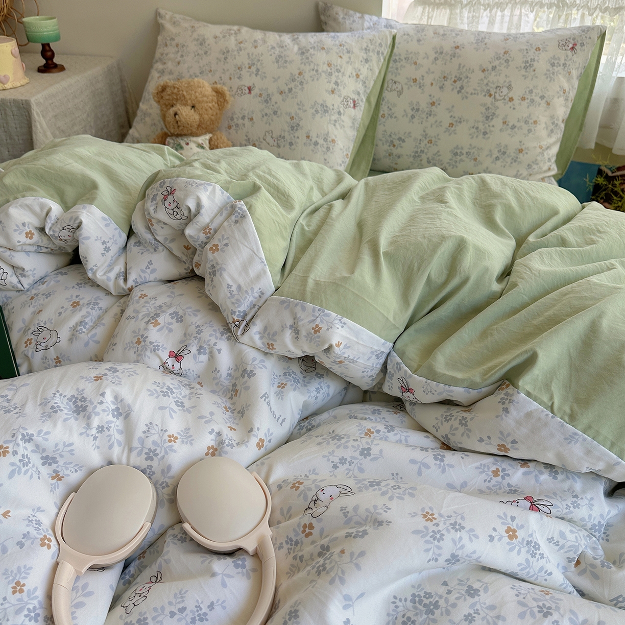 91家纺网 家纺一手货源 找家纺 沐芷 2026 【提供买家秀】A类软糯水洗棉四件套床上宿舍三件套床单被套 繁花兔兔