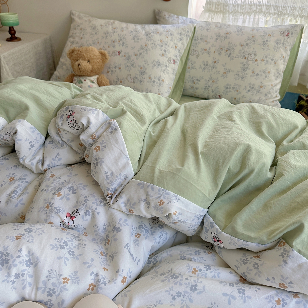 91家纺网 家纺一手货源 找家纺 沐芷 2026 【提供买家秀】A类软糯水洗棉四件套床上宿舍三件套床单被套 繁花兔兔