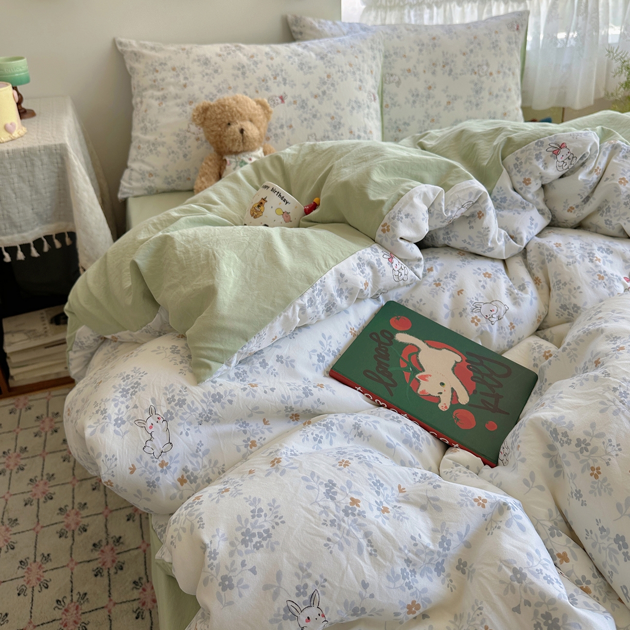 91家纺网 家纺一手货源 找家纺 沐芷 2026 【提供买家秀】A类软糯水洗棉四件套床上宿舍三件套床单被套 繁花兔兔