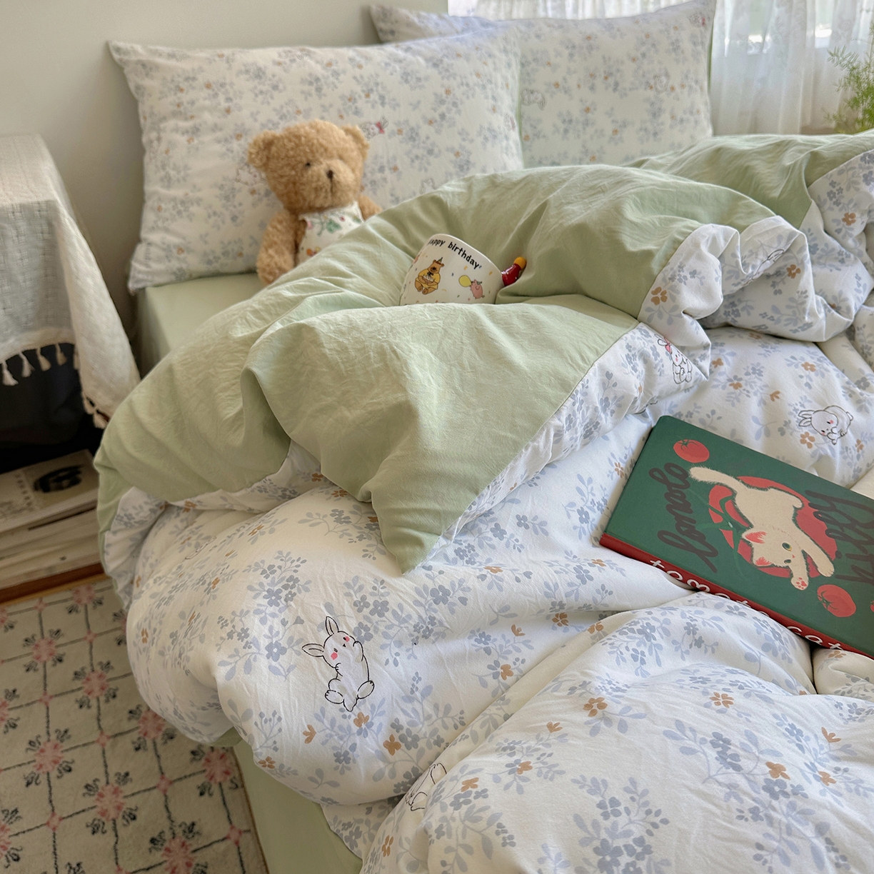 91家纺网 家纺一手货源 找家纺 沐芷 2026 【提供买家秀】A类软糯水洗棉四件套床上宿舍三件套床单被套 繁花兔兔