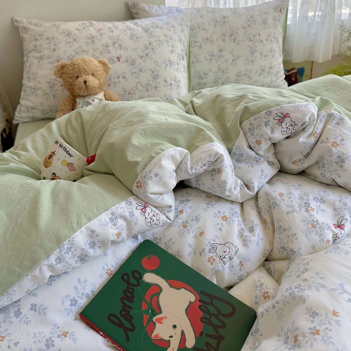 91家纺网 家纺一手货源 找家纺 沐芷 2026 【提供买家秀】A类软糯水洗棉四件套床上宿舍三件套床单被套 繁花兔兔