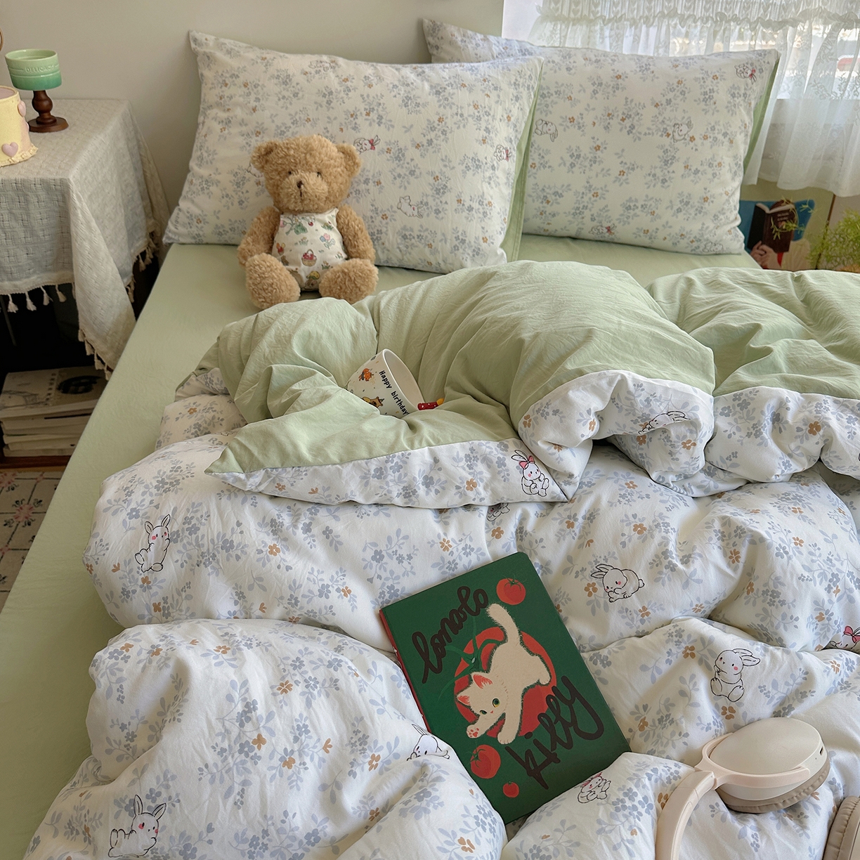 91家纺网 家纺一手货源 找家纺 沐芷 2026 【提供买家秀】A类软糯水洗棉四件套床上宿舍三件套床单被套 繁花兔兔