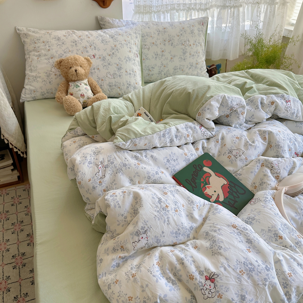 91家纺网 家纺一手货源 找家纺 沐芷 2026 【提供买家秀】A类软糯水洗棉四件套床上宿舍三件套床单被套 繁花兔兔