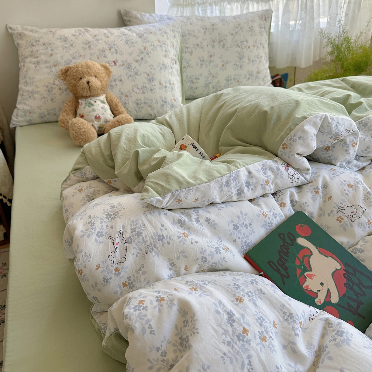 91家纺网 家纺一手货源 找家纺 沐芷 2026 【提供买家秀】A类软糯水洗棉四件套床上宿舍三件套床单被套 繁花兔兔