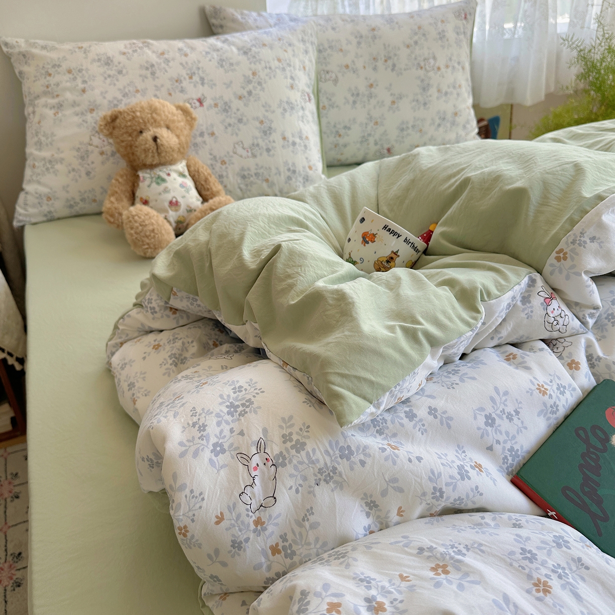 91家纺网 家纺一手货源 找家纺 沐芷 2026 【提供买家秀】A类软糯水洗棉四件套床上宿舍三件套床单被套 繁花兔兔