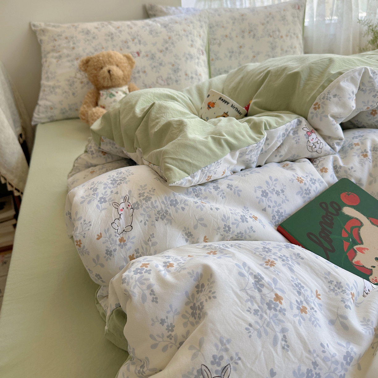 91家纺网 家纺一手货源 找家纺 沐芷 2026 【提供买家秀】A类软糯水洗棉四件套床上宿舍三件套床单被套 繁花兔兔