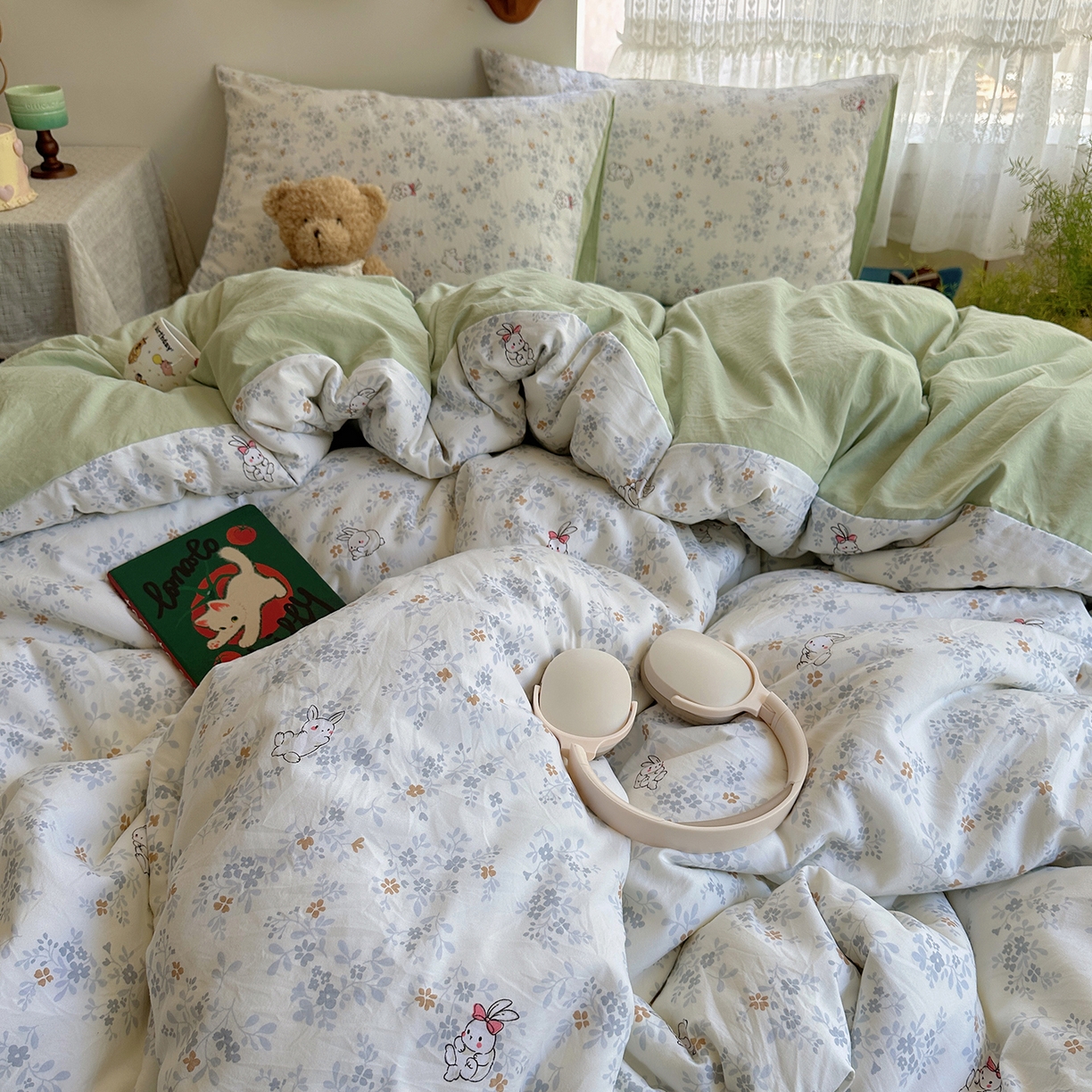 91家纺网 家纺一手货源 找家纺 沐芷 2026 【提供买家秀】A类软糯水洗棉四件套床上宿舍三件套床单被套 繁花兔兔