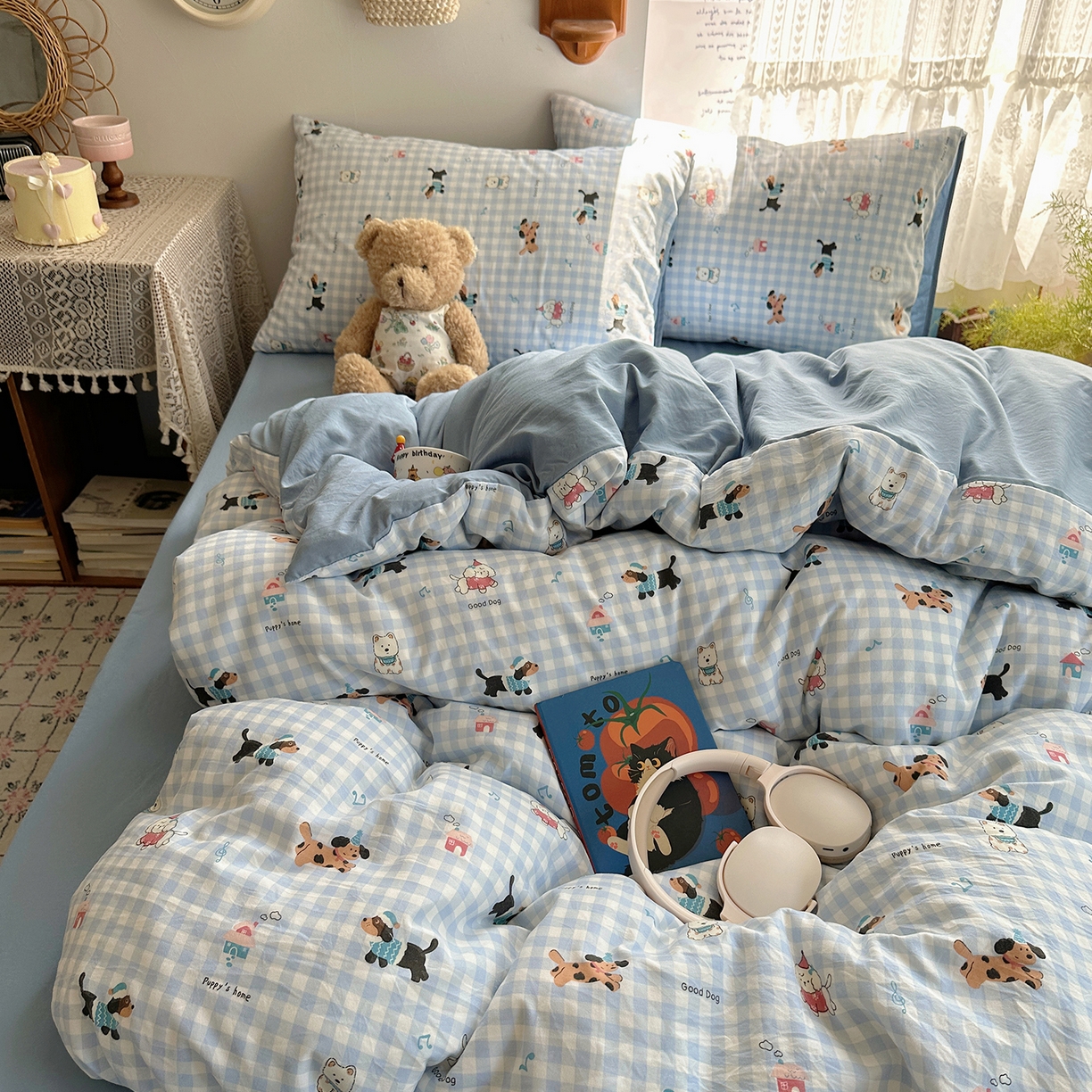 沐芷 2026 【提供买家秀】A类软糯水洗棉四件套床上宿舍三件套床单被套 汪星蓝町