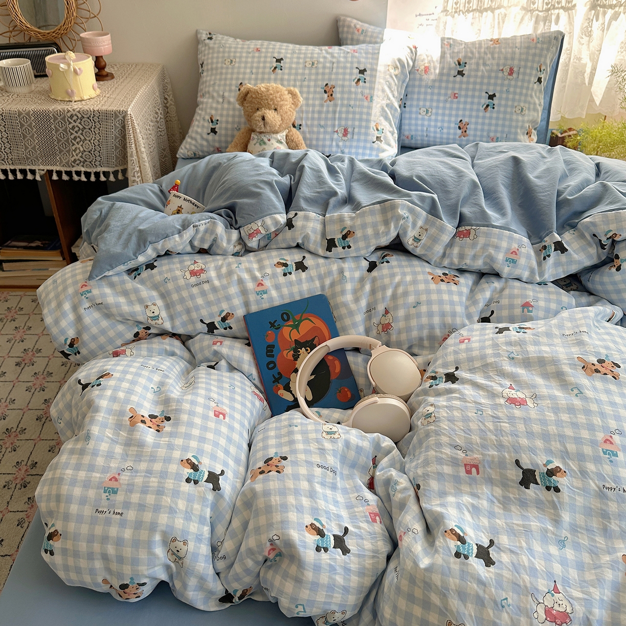 91家纺网 家纺一手货源 找家纺 沐芷 2026 【提供买家秀】A类软糯水洗棉四件套床上宿舍三件套床单被套 汪星蓝町