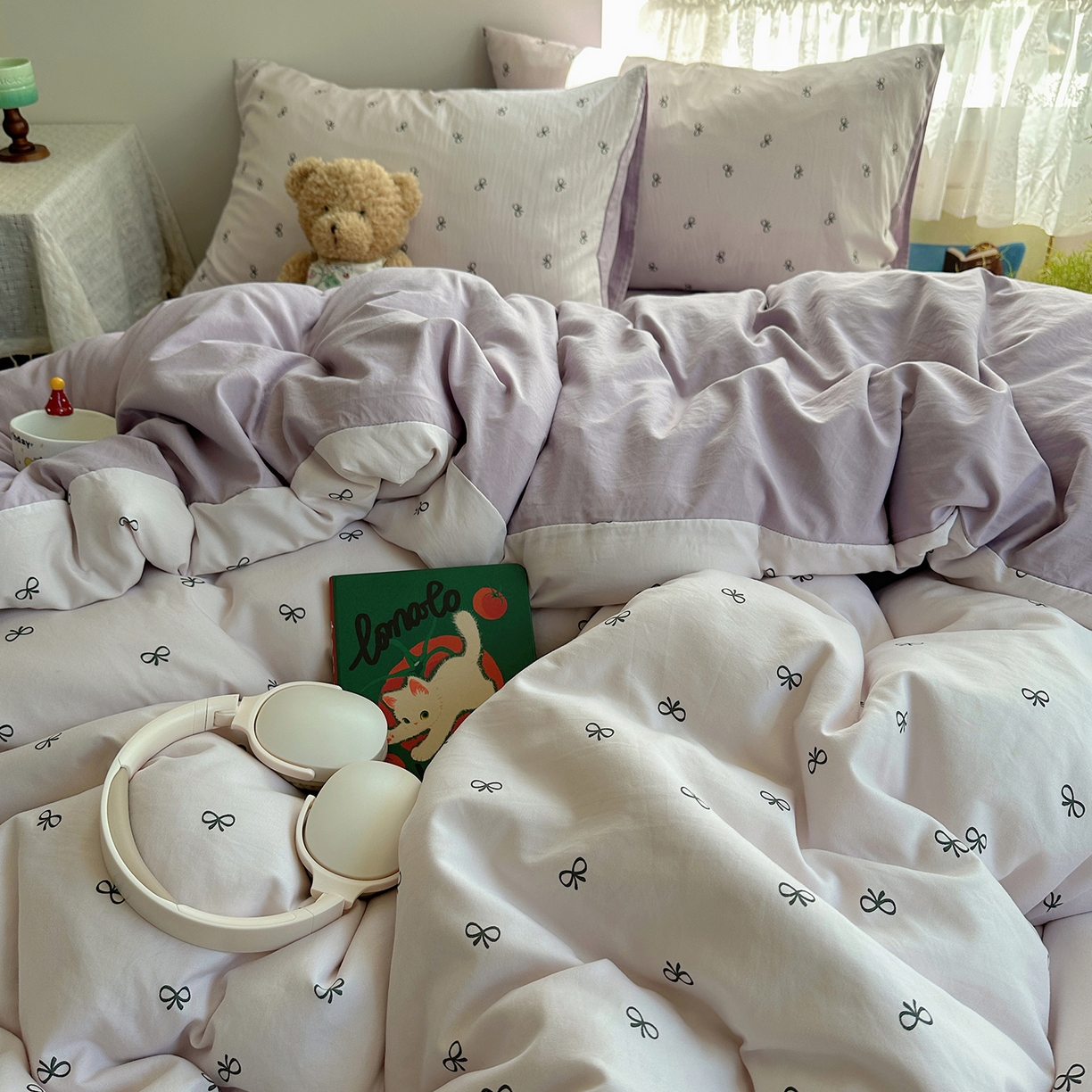 91家纺网 家纺一手货源 找家纺 沐芷 2026 【提供买家秀】A类软糯水洗棉四件套床上宿舍三件套床单被套 紫色蝴蝶结
