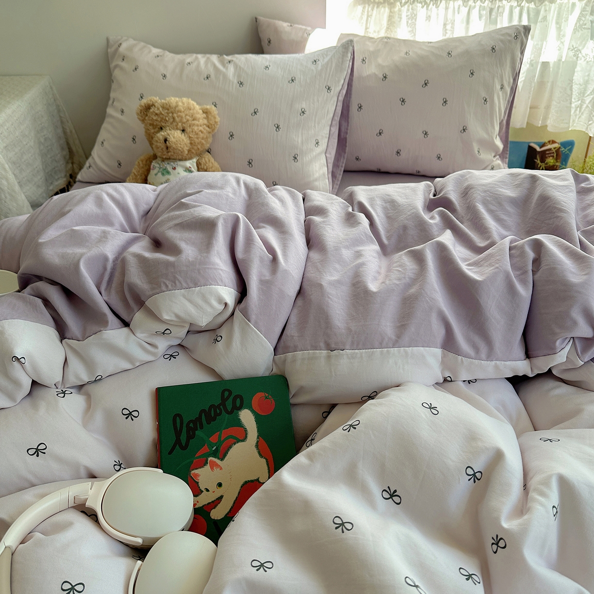 91家纺网 家纺一手货源 找家纺 沐芷 2026 【提供买家秀】A类软糯水洗棉四件套床上宿舍三件套床单被套 紫色蝴蝶结