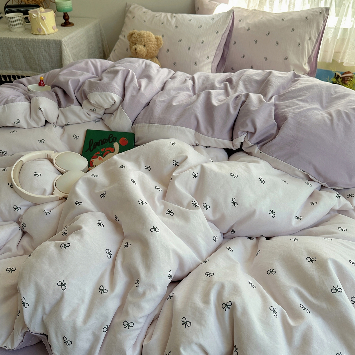 91家纺网 家纺一手货源 找家纺 沐芷 2026 【提供买家秀】A类软糯水洗棉四件套床上宿舍三件套床单被套 紫色蝴蝶结