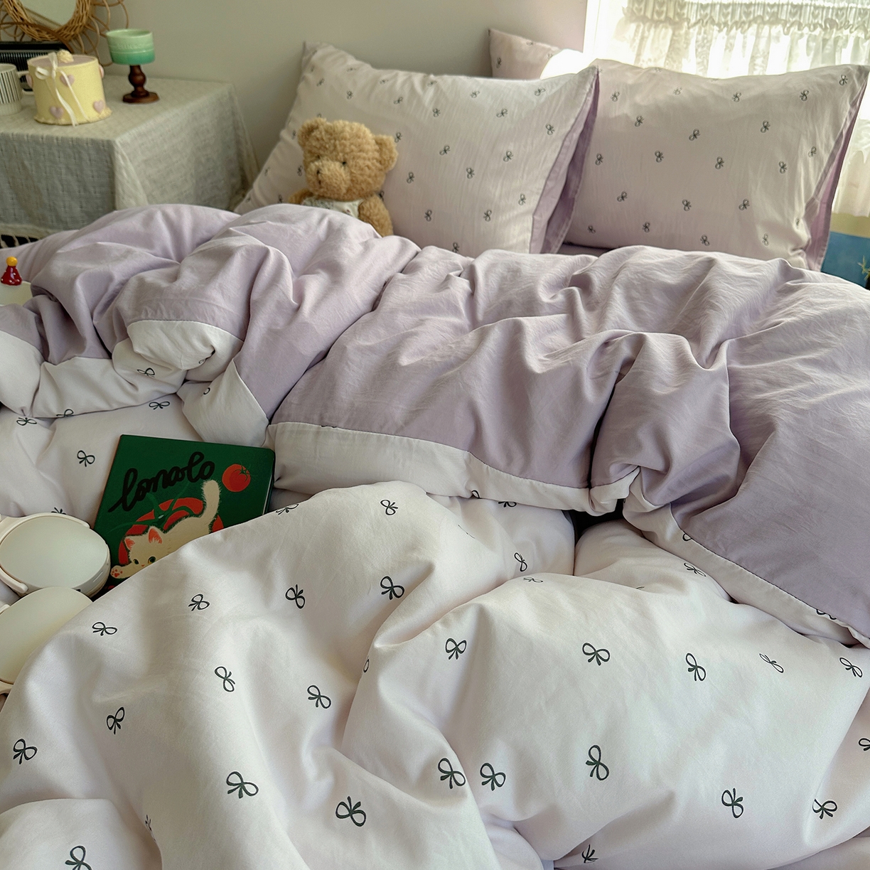 91家纺网 家纺一手货源 找家纺 沐芷 2026 【提供买家秀】A类软糯水洗棉四件套床上宿舍三件套床单被套 紫色蝴蝶结