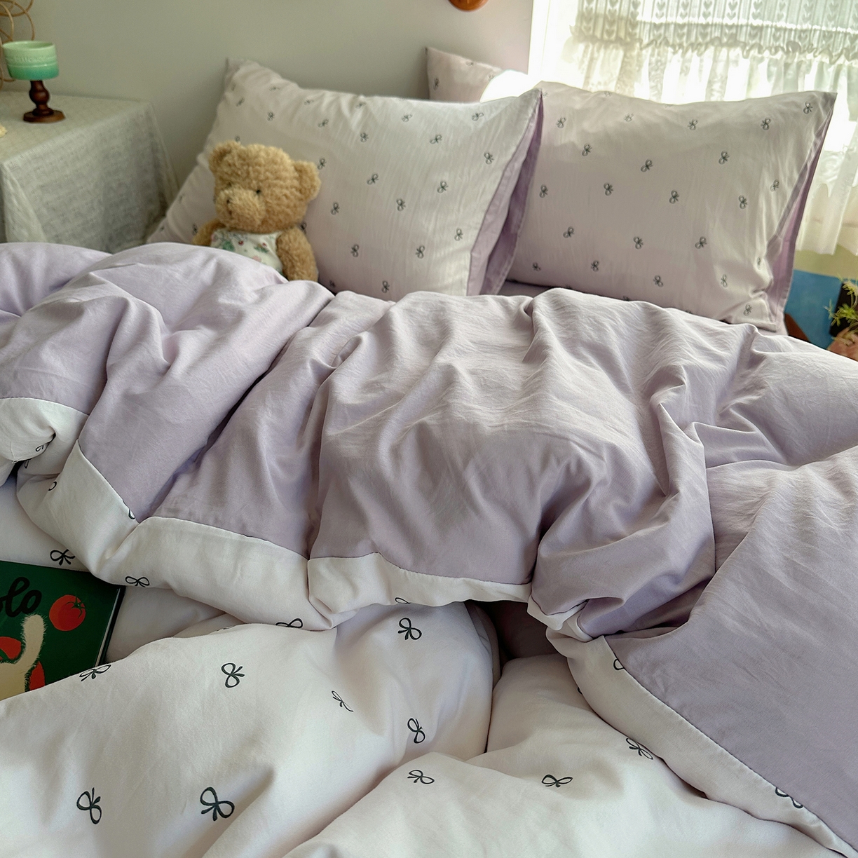 91家纺网 家纺一手货源 找家纺 沐芷 2026 【提供买家秀】A类软糯水洗棉四件套床上宿舍三件套床单被套 紫色蝴蝶结