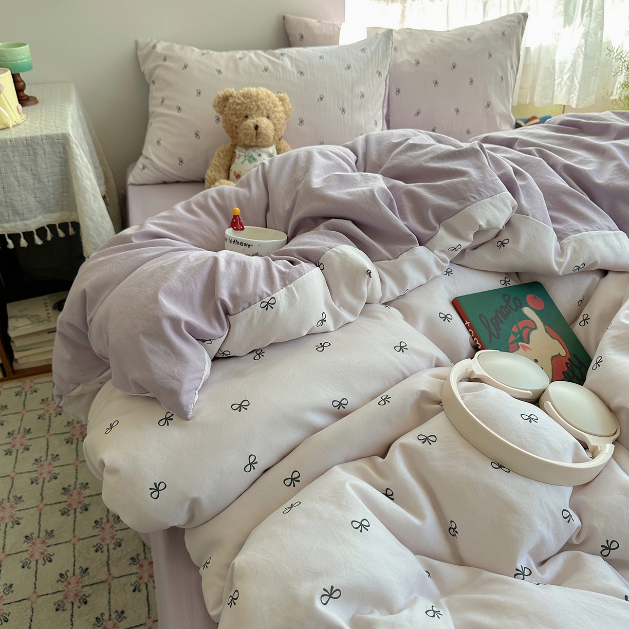 91家纺网 家纺一手货源 找家纺 沐芷 2026 【提供买家秀】A类软糯水洗棉四件套床上宿舍三件套床单被套 紫色蝴蝶结