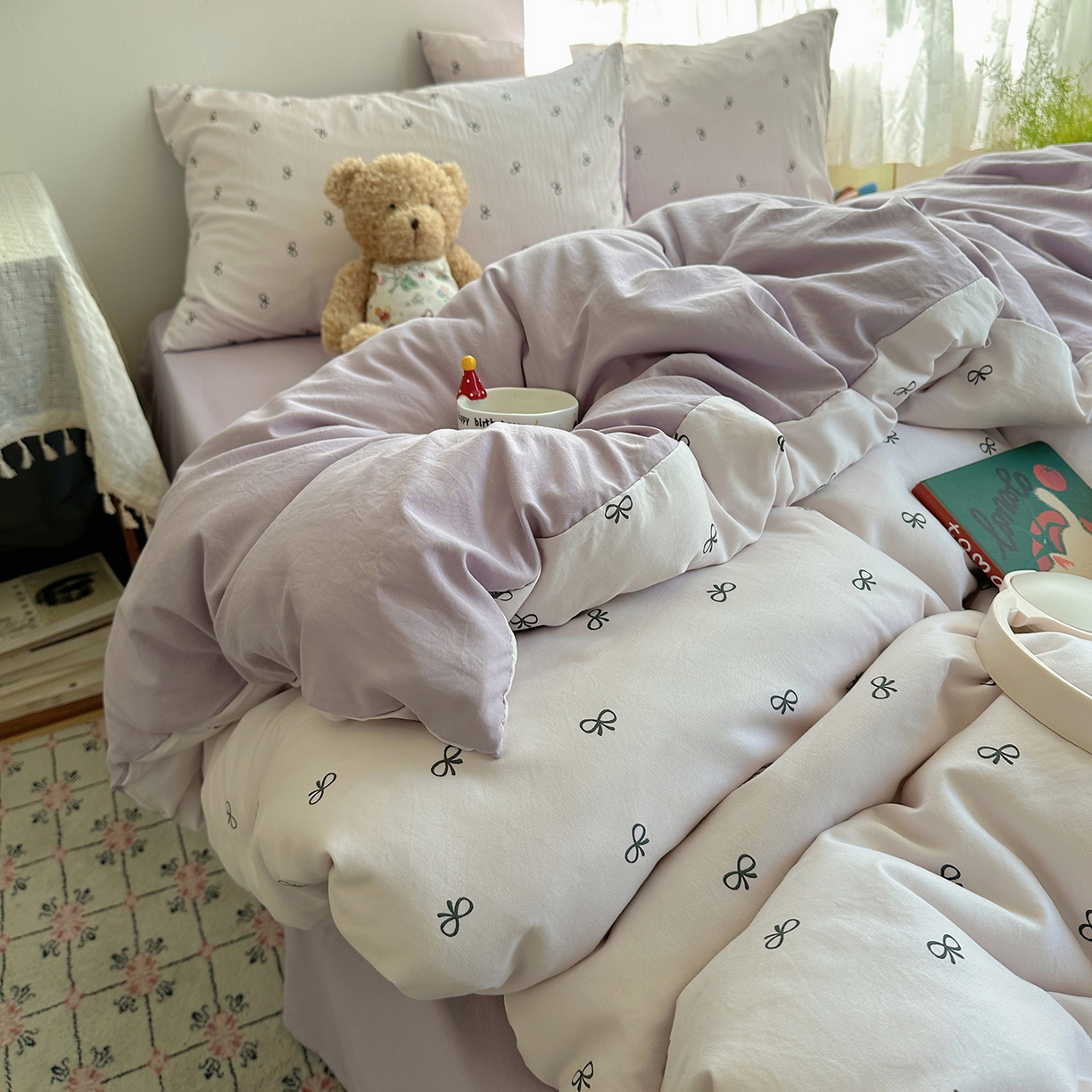 91家纺网 家纺一手货源 找家纺 沐芷 2026 【提供买家秀】A类软糯水洗棉四件套床上宿舍三件套床单被套 紫色蝴蝶结