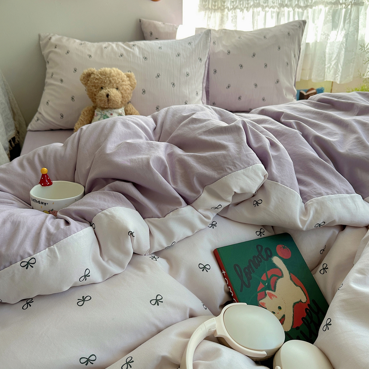 91家纺网 家纺一手货源 找家纺 沐芷 2026 【提供买家秀】A类软糯水洗棉四件套床上宿舍三件套床单被套 紫色蝴蝶结