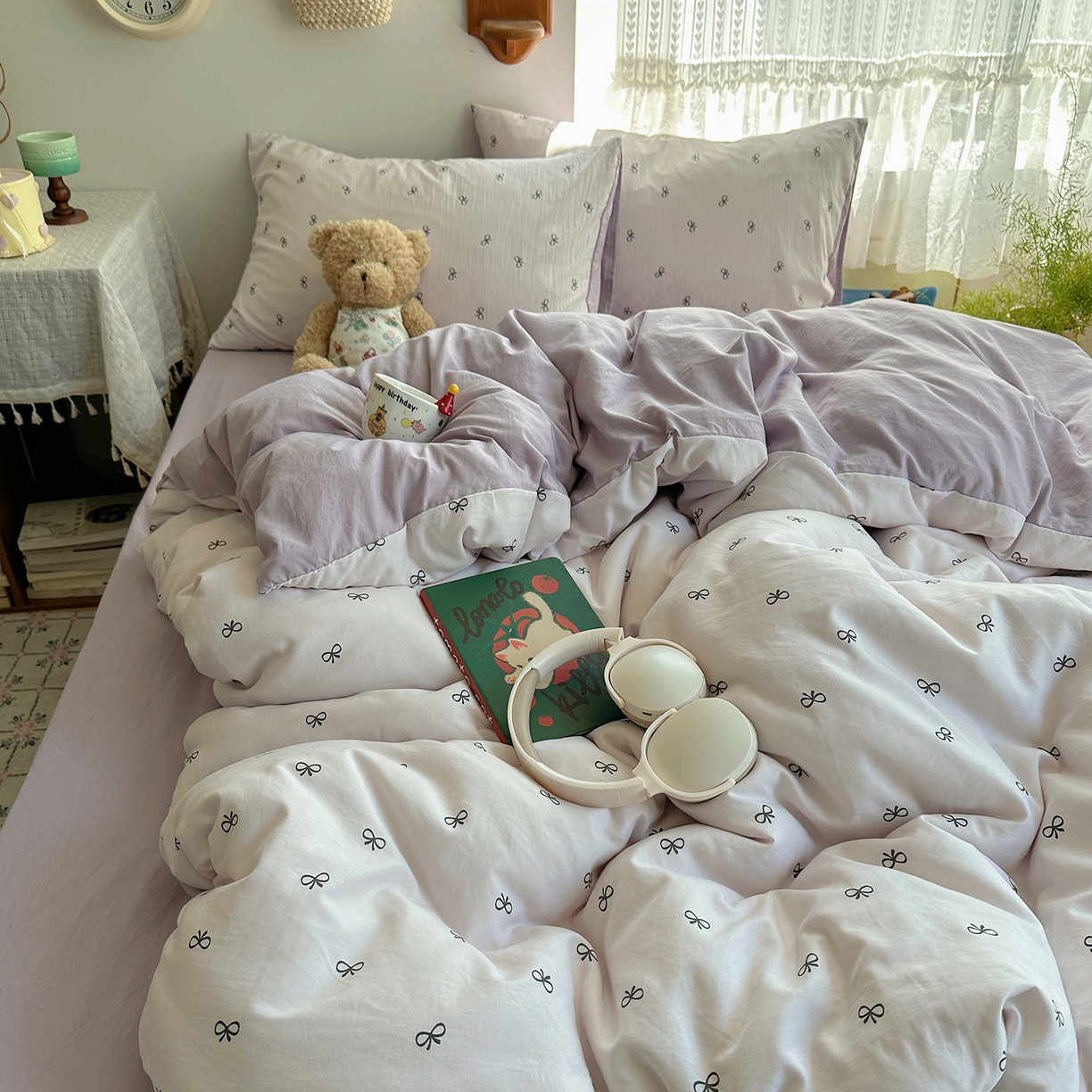 91家纺网 家纺一手货源 找家纺 沐芷 2026 【提供买家秀】A类软糯水洗棉四件套床上宿舍三件套床单被套 紫色蝴蝶结