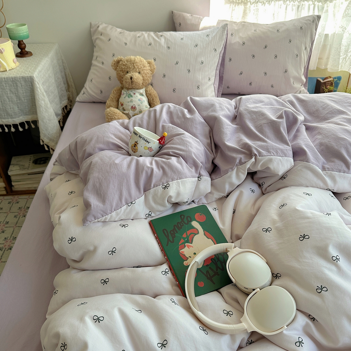 91家纺网 家纺一手货源 找家纺 沐芷 2026 【提供买家秀】A类软糯水洗棉四件套床上宿舍三件套床单被套 紫色蝴蝶结