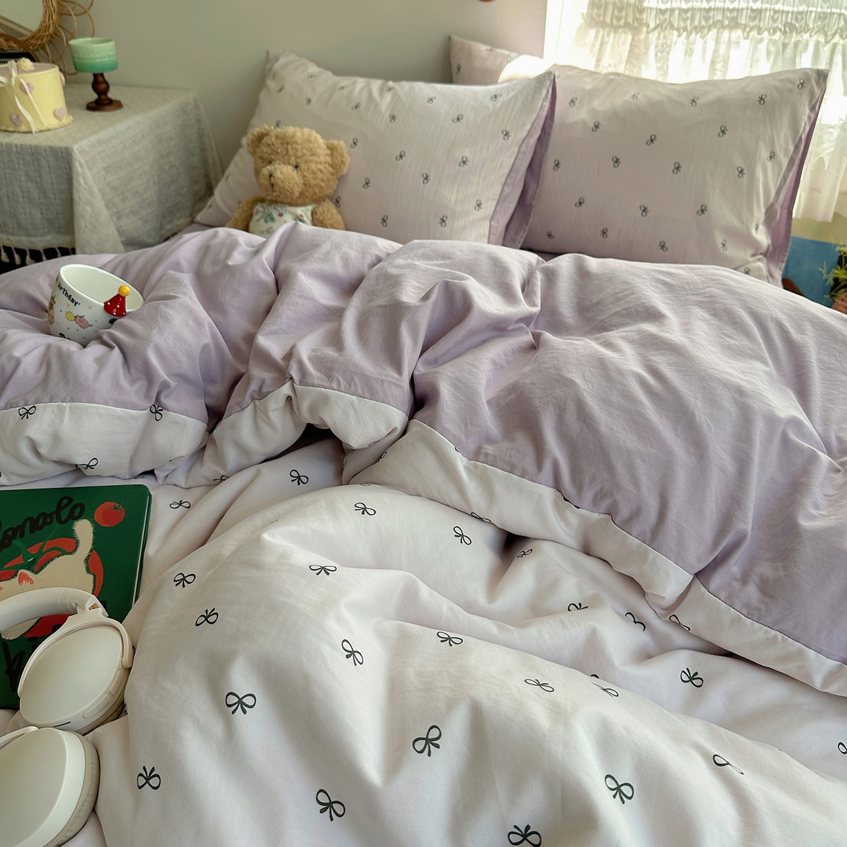 91家纺网 家纺一手货源 找家纺 沐芷 2026 【提供买家秀】A类软糯水洗棉四件套床上宿舍三件套床单被套 紫色蝴蝶结