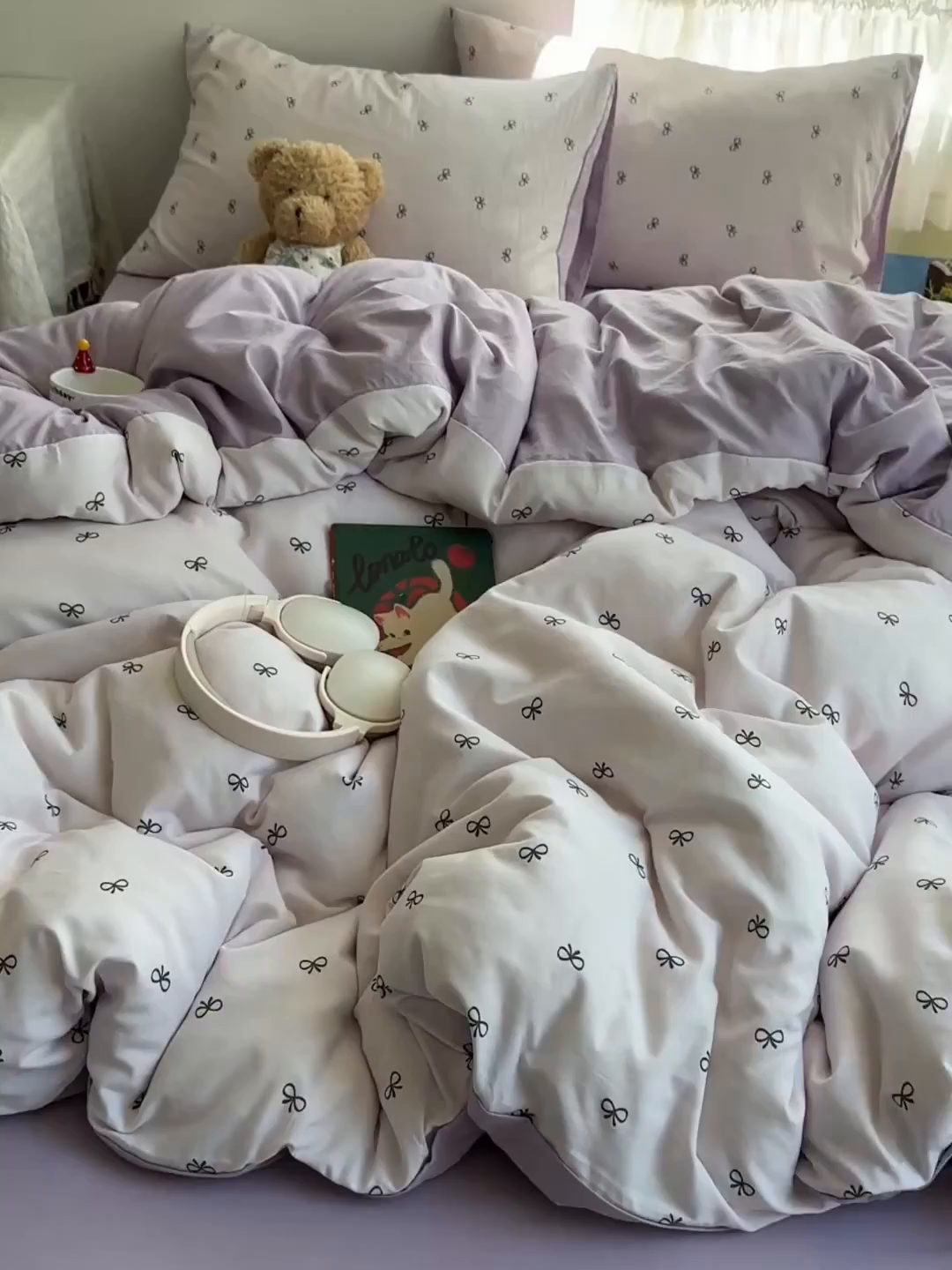91家纺网 家纺一手货源 找家纺 沐芷 2026 【提供买家秀】A类软糯水洗棉四件套床上宿舍三件套床单被套 紫色蝴蝶结