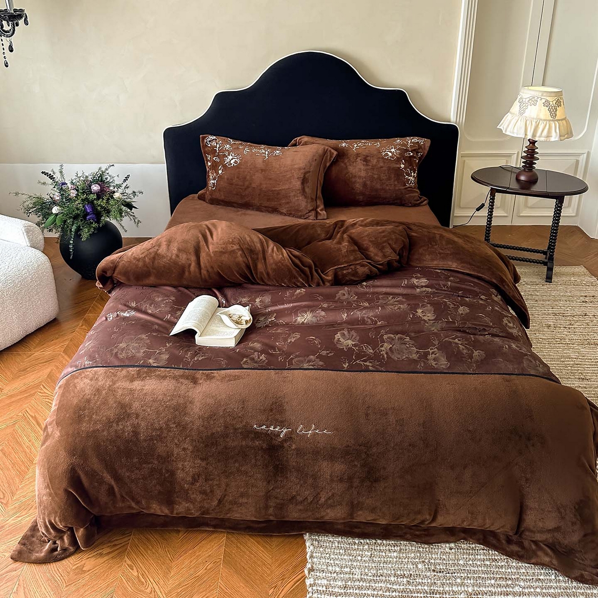 赫帛 2026新款刺绣鎏金绒四件套-郁金香 郁金香-棕色