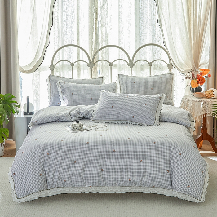 91家纺网 家纺一手货源 找家纺 源舜家纺 2026新款全棉斜纹花边床盖多功能被子四件套 动感方块-灰