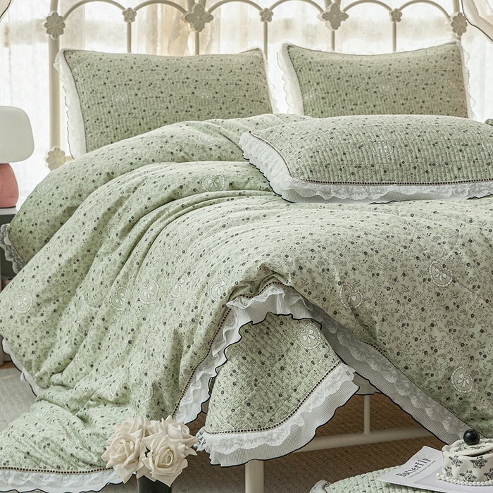源舜家纺 2026新款全棉斜纹花边床盖多功能被子四件套 沐风浅唱-绿
