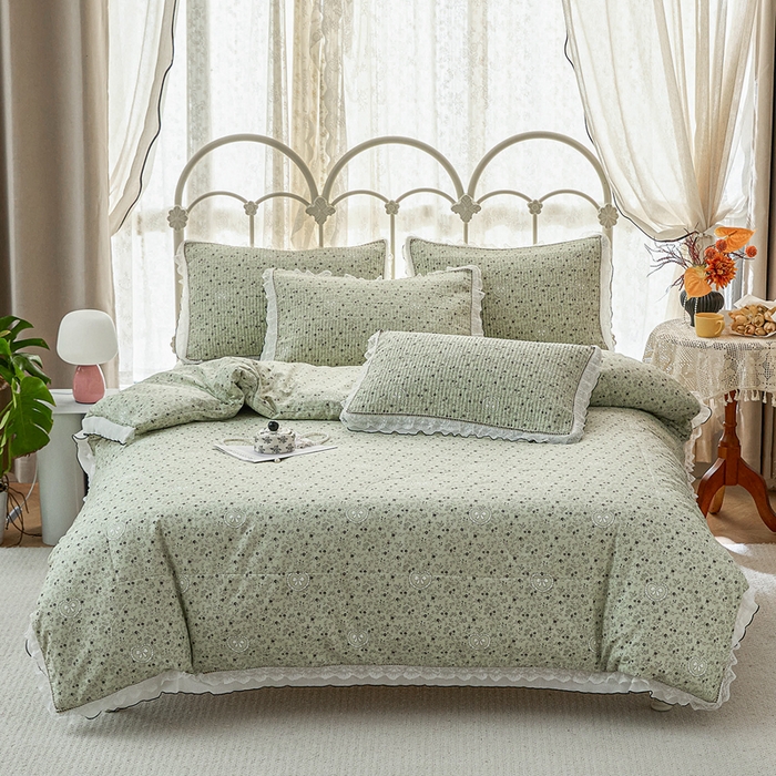 91家纺网 家纺一手货源 找家纺 源舜家纺 2026新款全棉斜纹花边床盖多功能被子四件套 沐风浅唱-绿