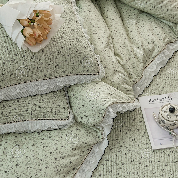 91家纺网 家纺一手货源 找家纺 源舜家纺 2026新款全棉斜纹花边床盖多功能被子四件套 沐风浅唱-绿