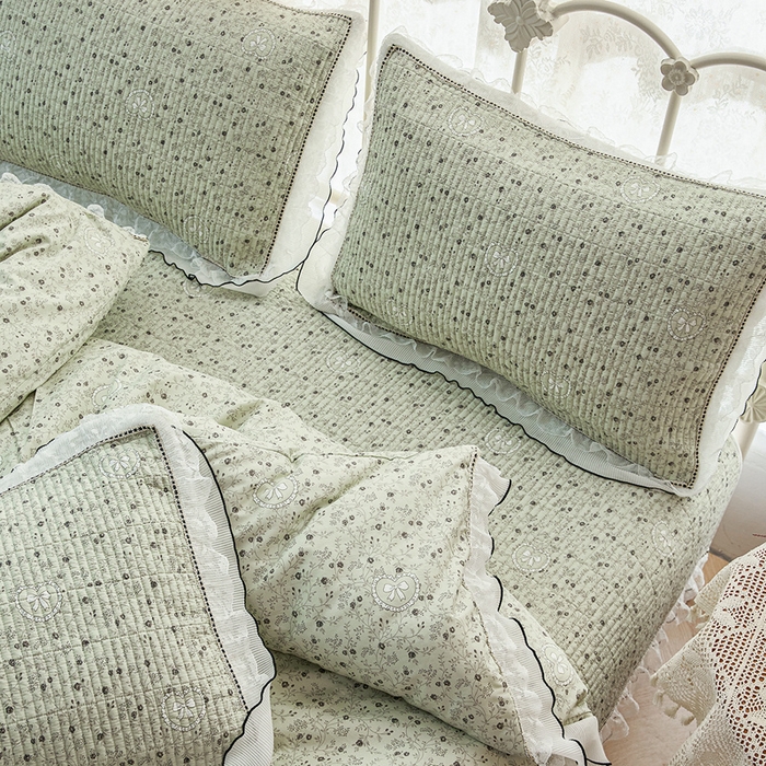 91家纺网 家纺一手货源 找家纺 源舜家纺 2026新款全棉斜纹花边床盖多功能被子四件套 沐风浅唱-绿