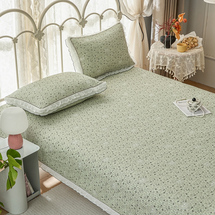 91家纺网 家纺一手货源 找家纺 源舜家纺 2026新款全棉斜纹花边床盖多功能被子四件套 沐风浅唱-绿