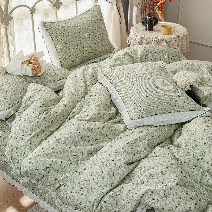 91家纺网 家纺一手货源 找家纺 源舜家纺 2026新款全棉斜纹花边床盖多功能被子四件套 沐风浅唱-绿