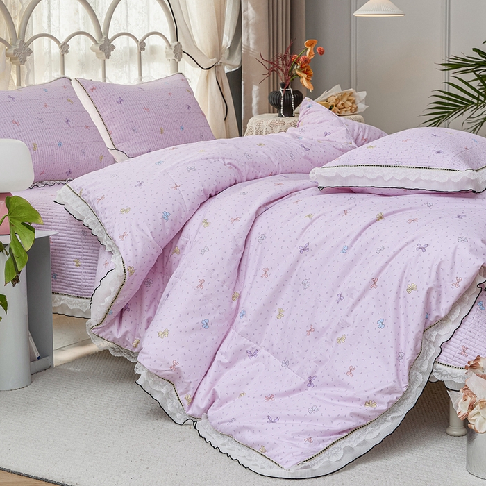 91家纺网 家纺一手货源 找家纺 源舜家纺 2026新款全棉斜纹花边床盖多功能被子四件套 甜心花语-紫