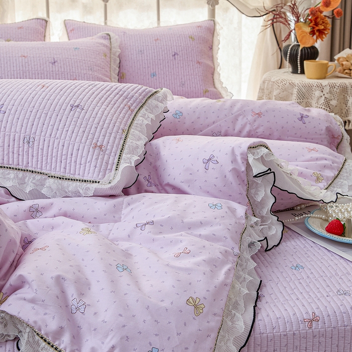 91家纺网 家纺一手货源 找家纺 源舜家纺 2026新款全棉斜纹花边床盖多功能被子四件套 甜心花语-紫