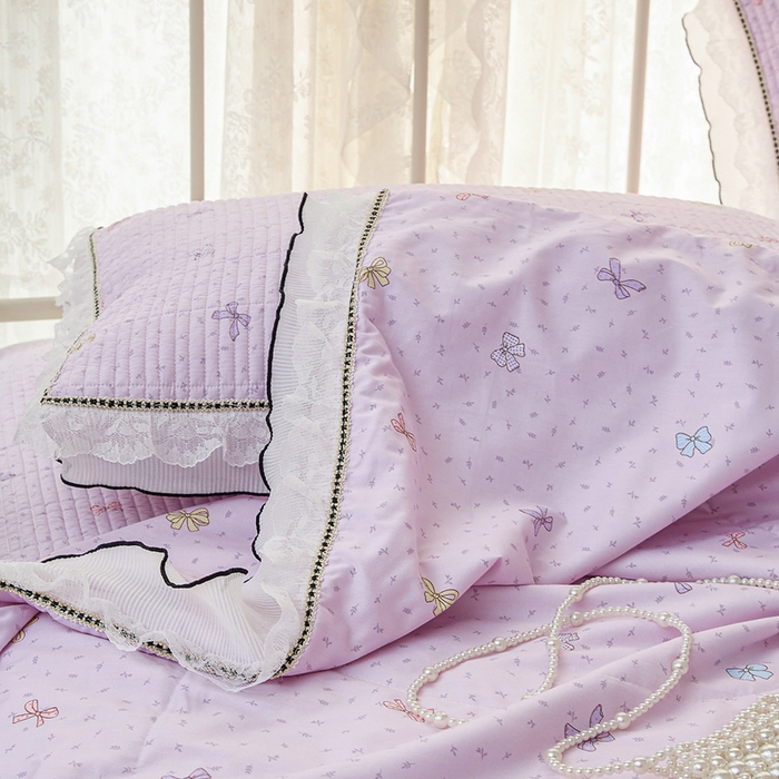 91家纺网 家纺一手货源 找家纺 源舜家纺 2026新款全棉斜纹花边床盖多功能被子四件套 甜心花语-紫