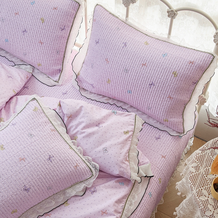 91家纺网 家纺一手货源 找家纺 源舜家纺 2026新款全棉斜纹花边床盖多功能被子四件套 甜心花语-紫