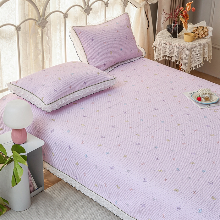 91家纺网 家纺一手货源 找家纺 源舜家纺 2026新款全棉斜纹花边床盖多功能被子四件套 甜心花语-紫