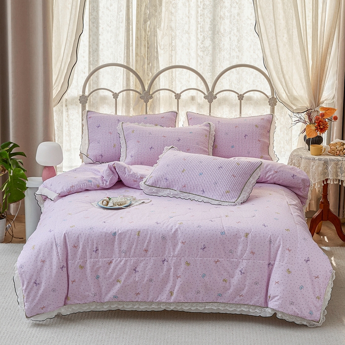 91家纺网 家纺一手货源 找家纺 源舜家纺 2026新款全棉斜纹花边床盖多功能被子四件套 甜心花语-紫