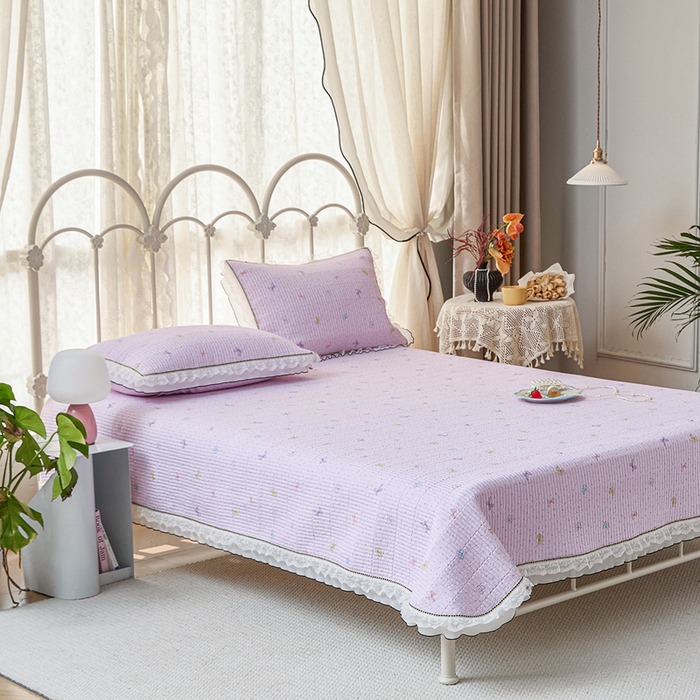 91家纺网 家纺一手货源 找家纺 源舜家纺 2026新款全棉斜纹花边床盖多功能被子四件套 甜心花语-紫